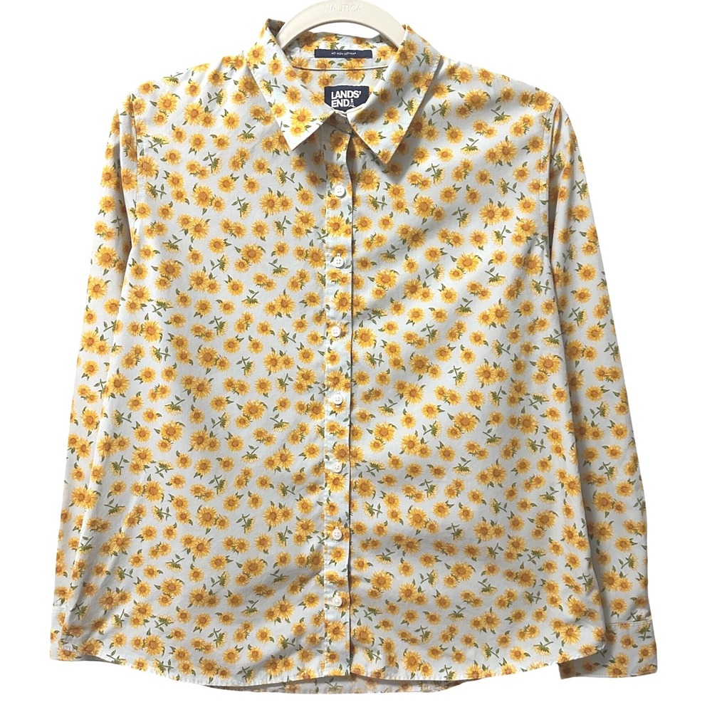 Lands End No Iron Supima Cotton Sunflower Floral Shirt Blue Yellow Women's 6P